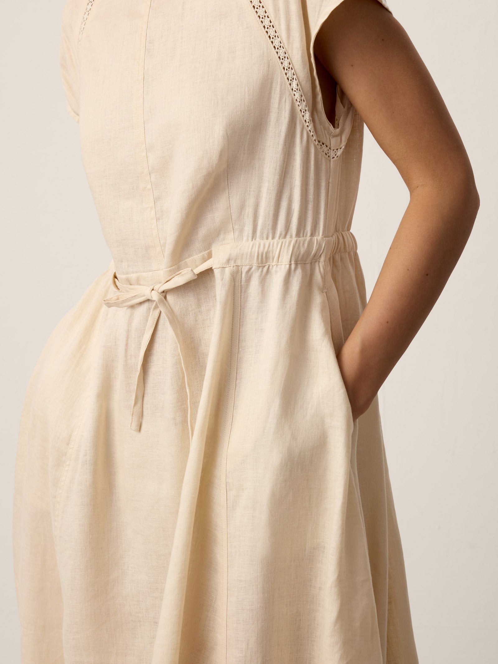 100% Linen Lace-Inset Bubble-Hem Midi Dress LORITA