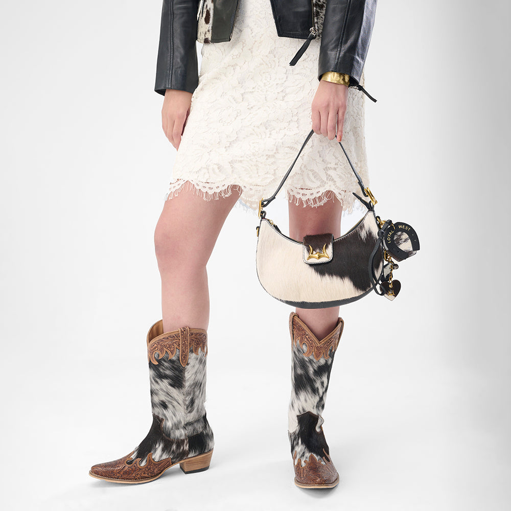 Loyal West LW HOBO MEDIUM PURSE IN BLACK & WHITE COWHIDE
