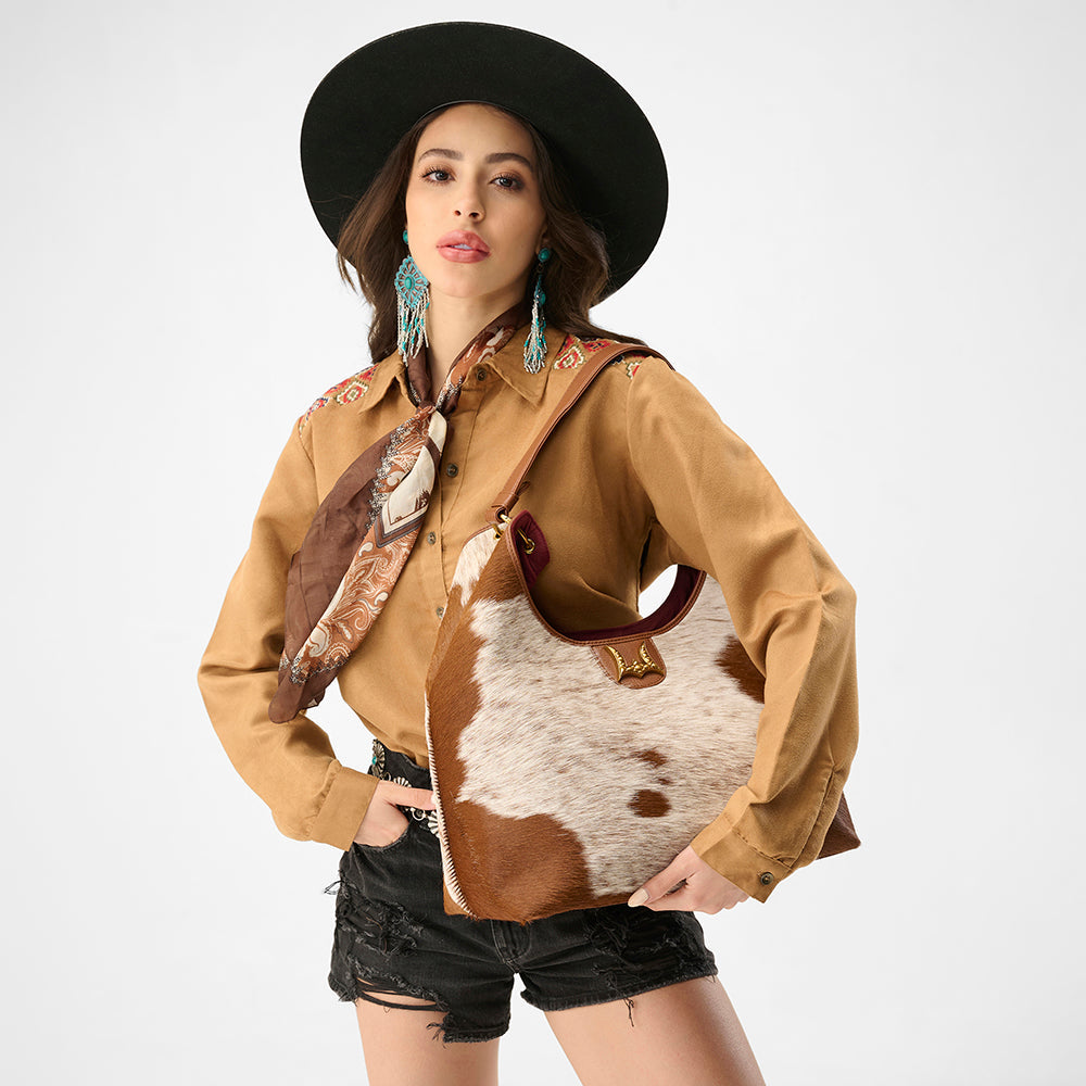 Loyal West LW LARGE PURSE - IN BROWN & WHITE COWHIDE & CALFSKIN