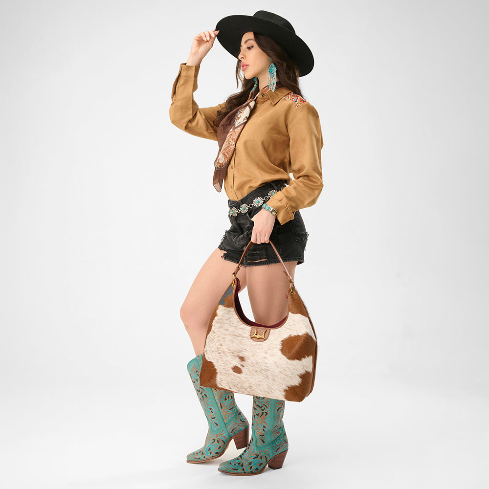 Loyal West LW LARGE PURSE - IN BROWN & WHITE COWHIDE & CALFSKIN