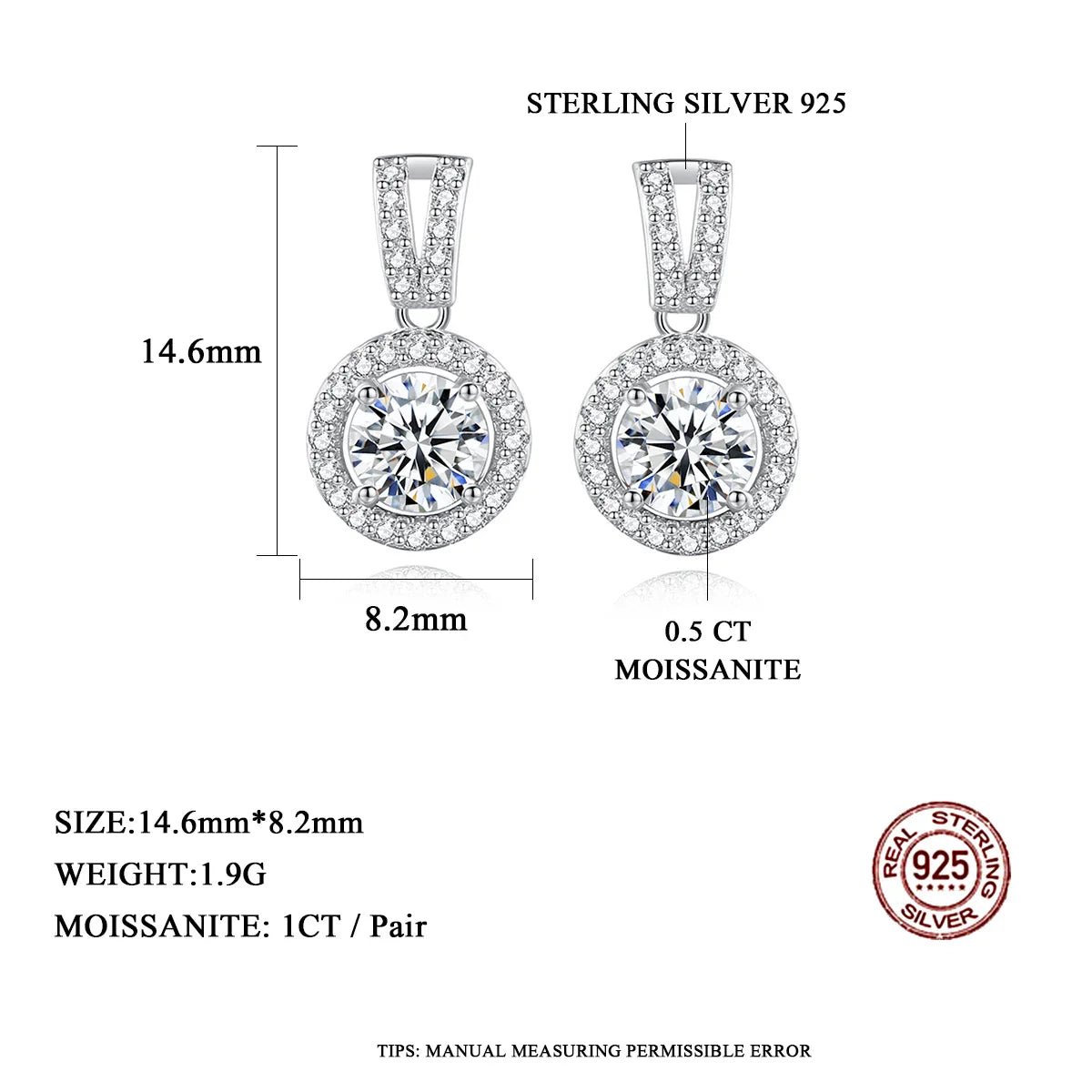 Moissanite Drop Earrings 925 Sterling Silver 1 Ct GRA Bridal Wedding Engagement